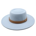 Macro shot of light blue wool boater hat with brown leather band and golden buckle - M (56-58cm) / Sky Blue