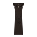 Elegantes dunkelbraunes schulterfreies Maxikleid mit Raffung und goldenen Knöpfen für Damen - S / Kaffeebraun
