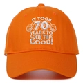 Detail of 70th birthday orange cotton baseball cap with white 3D text embroidery - Orange