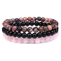 Three-piece natural stone bead bracelet set with rose quartz and agate 8mm stretch beads - 6mm Rhodonite & Onyx & Rose Quartz