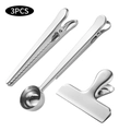 Juego de 3 clips de sellado de acero inoxidable con clip dentado largo y cuchara medidora - Juego de 3-Plata