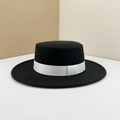Classic black wool felt boater hat with a contrasting white ribbon band decoration. - M (56-58cm) / Black (White Ribbon)