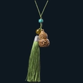 Handcrafted green sandalwood hollow gourd pendant with long green tassel and beads - Green Sandalwood Gourd / Approx. 3.5*2cm, Without Incense Pills