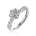 Silver moissanite six-prong open ring with hexagonal side stones and adjustable band - Adjustable Open / Honeycomb Pave Style (R9033-6.5mm/1 Carat)