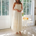 Sleeveless halter neck tiered white summer dress with pleated ruffles and flowing fabric - S / Apricot