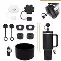 Water bottle accessory set with black floral silicone charms and golden chain - Black