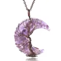 Tree of Life crescent moon pendant with purple amethyst stones on antique bronze chain - Amethyst Pendant-Bronze Chain