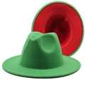 Two-tone wool fedora hat featuring a vibrant green exterior and bright red brim interior - Grass Green + Red