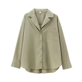 Chic satin poplin button-down shirt in sage green with long sleeves and front pocket - XS / Olive Green