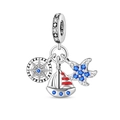 Detailed charm with compass, red enamel sailboat, and blue zircon starfish pendant - Travel Vacation - Nautical Three-Piece Set Pendant