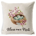 Easter throw pillow cover with bird nest design and Bless our Nest text on linen fabric - 45*45cm Cover + Insert / Pattern ZL2002064-1