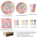 Colorful watercolor tie-dye disposable party dinnerware set including plates, cups, and cutlery - Deluxe Full Watercolor Party Tableware