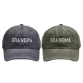 Detail of washed cotton baseball caps with Grandpa and Grandma white embroidery - GRANDPA & GRANDMA (2 Pcs Set) / Black and Dark Green