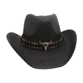 Cappello da cowboy nero stile western con fascia etnica e teschio di toro in argento - Taglia unica(56-58cm) / Nero