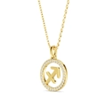 Detail of a gold S925 silver Sagittarius pendant with sparkling stones on a fine chain - P15716/Gold Sagittarius Zodiac Necklace