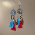 Bohemian tassel earrings with mandala metal disk and colorful beaded fringe charms - Color Enamel Mandala Tri-Color Tassel Wood Bead Earrings (14#)