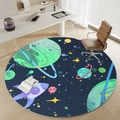 Round space themed rug with cartoon planets and rockets for home office chairs - Circle Fleece-Interstellar