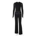 Women's black hooded zip-up cardigan and high-waisted flared trousers set with white stitching - XS / Black