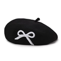 Elegant black beret for women with a delicate white bow embroidery for a chic French style - Adjustable / Black