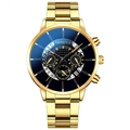 Men's gold stainless steel watch with blue dial and date calendar chronograph feature - Gold Case Gold Hands