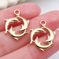 Golden double dolphin alloy charms for DIY necklaces and bracelets making - Twirling Dolphin Pendant 21x17mm