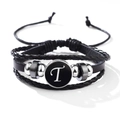 Classic black leather braided bracelet featuring a silver pendant with letter T - Letter-T