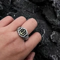 Vintage silver trident ring for men with golden sea god motif on black rock background - Two-tone Gold Trident