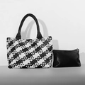 Woven tote bag with black and white checkered pattern and matching black clutch - Black & White