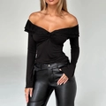 Y2K sexy black off-shoulder long sleeve top with ruffles and front pleats - S / Black