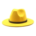 Detail of yellow wool fedora hat with black belt featuring gold studded rivet accents - M (56-58cm) / Yellow