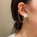 Elegant gold chain earring set featuring white bow stud and double layered ear cuff - Bowknot Chain Ear Cuff Set (14K仿金 G-061)