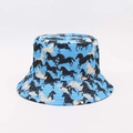 Detail showing high-quality vibrant blue fabric with printed horse silhouettes on bucket hat - Bright Blue