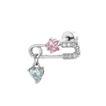 Star and heart pendant safety pin stud earring in polished silver metal with pink and blue stones - Star Paperclip (A-584)