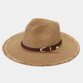 Classic straw sun hat with frayed brim and decorative leather belt for beach vacations - One Size / Khaki