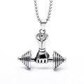 Men's punk dumbbell gym necklace in silver polished stainless steel with bead chain - Hand Holding Dumbbell