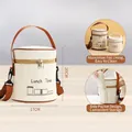 Insulated beige canvas lunch bag with brown handles and shoulder strap for containers - Extra Large Round Bag-Small Rice White