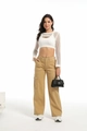 Women's high waist khaki cargo pants styled with a white openwork blouse and black handbag - S / Khaki