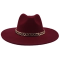 Detail of burgundy felt fedora featuring a wide brim and decorative chunky gold chain - Adult (57-60cm) / Wine Red (Acrylic)
