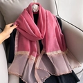 Detail of pink silk scarf showing golden bead trim and transparent mesh splicing design - 195CM / Bright Red