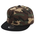 Detail of camouflage snapback sport cap with black flat brim and adjustable design - Adult Size (58cm) / Camo with Black Brim