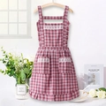 Princess style red plaid cotton apron with white lace trim and ruffle hem details - Jujube Red (Plaid Lace)
