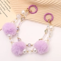 Beaded phone wrist strap with purple plush pom-poms and white pearls in gold finish - Purple Double Chain Style (K114)