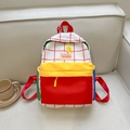 Colorful patchwork canvas backpack for kids with red checkered and yellow patterns - Red Patchwork
