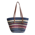 Borsa tote arcobaleno in paglia intrecciata a mano con spalline in PU marrone su bianco - Blu scuro