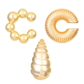 Detail of gold ear cuff set featuring beaded, textured, and teardrop spiral designs - Beaded Wave Spiral Water Drop Earring (N-807) / KC Gold