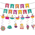 Kit de fête Diwali détaillé avec bannière Happy Diwali, diyas et charmes de paon - Bannière Guirlande et Spirales Diwali