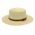 Detail of off-white wide brim straw hat featuring a brown leather belt with a gold buckle - M (56-58cm) / Cream