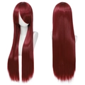 Front and back view of long straight dark red cosplay wig with bangs on a model head - Dark Red
