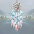Pink life tree dream catcher with crystal stones and soft feathers for wall decor - Pink