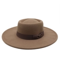 Detailed close-up of wide brim wool felt jazz hat with dark brown satin ribbon and bow - One Size / Deep Purple Grey